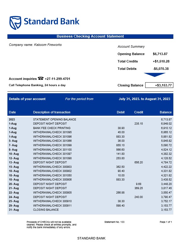 Modèle Word et PDF de déclaration d'organisation de la banque standard